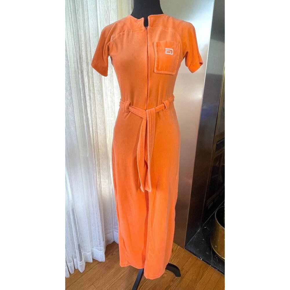 Vintage 1970s velvet jumpsuit, creamy orange, wide leg romper,  2(S)